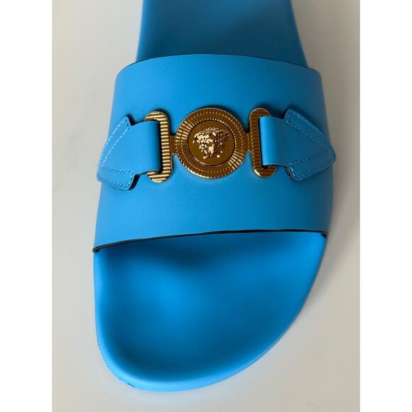NIB $575 Versace Gold Medusa Leather/Rubber Sandals Blue 9.5 (42.5) 1004983 IT main image 13